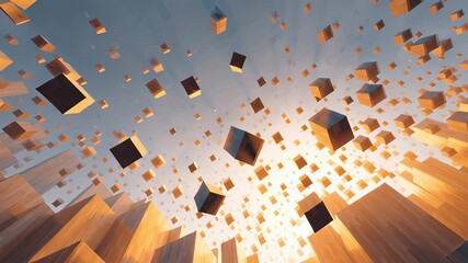 Wall Mural - modern cityscape with abstract geometry and vibrant sunset lighting