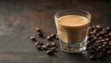 Creamy Espresso Liqueur And Irish Cream On Table With Coffee Beans, Shot Glass Of Coffee Liqueur. Alcoholic Beverage With Selective Focus.