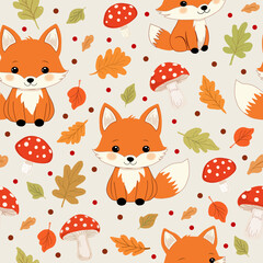 Wall Mural - Cute fox autumn seamless pattern. Autumn season background, yellow leaves, mushroom. Textile, wrapping paper, wallpaper. Print for fabric garish vector leaf background