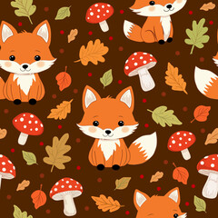 Wall Mural - Cute fox autumn seamless pattern. Autumn season background, yellow leaves, mushroom. Textile, wrapping paper, wallpaper. Print for fabric garish vector leaf background
