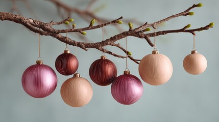 Wall Mural - branch with a bunch of christmas ornaments hanging from it. the ornaments are of different sizes and