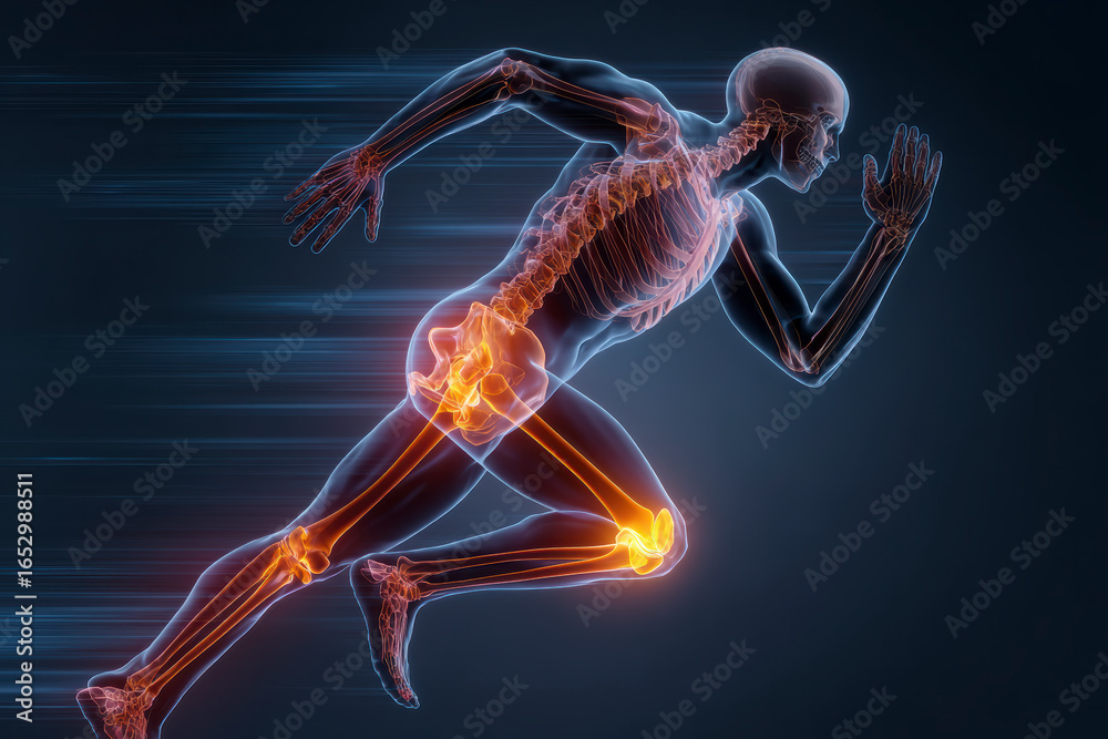 Anatomical illustration of a human figure running with visible bones ...