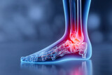 Foot pain illustration: Highlighted ankle and foot bones, indicating inflammation or injury in blue setting.