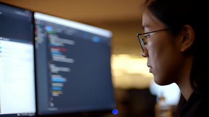 Focused Asian Woman Coding on Dual Monitors, Displaying Complex Programming and Data Analysis in a Modern Workspace atmosphere