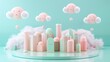 © Elzerl - Enchanting pastel urban landscape featuring a whimsical city with charming pink and green buildings, playful cloud characters, and a cheerful atmosphere.