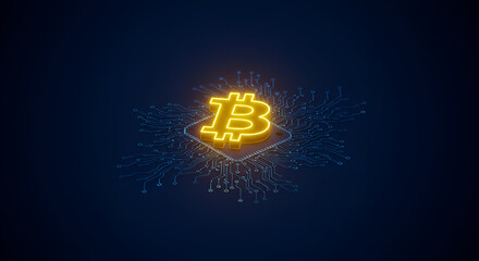 Glowing Bitcoin symbol on a microchip, representing digital currency and technology.