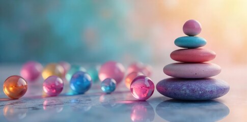 Wall Mural - A serene arrangement of colorful marbles seemingly meditating, positioned in a calming, mindful pose Perfect for concepts of peace, balance, and inner tranquility , shadow, quiet, stillness