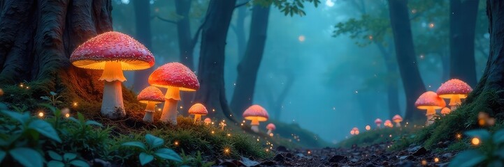 Wall Mural - Enchanted forest scene with glowing mushrooms, sparkling leaves, and a mystical fog Perfect for fantasy, fairytale, or magical themed projects , glow, green, bokeh
