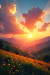 Wall Mural - Golden hour sunlight bathes a serene landscape in warm, vibrant hues Clouds glow with a soft, ethereal light, creating a breathtaking scene of natural beauty , sunlight, breathtaking, golden