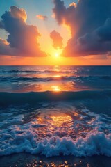 Wall Mural - Serene seascape at sunset, glowing with ethereal light, reflecting a peaceful, heavenly ambiance Perfect for travel, spirituality, and relaxation themes , clouds, glow