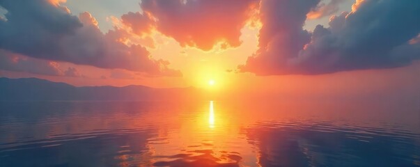 Wall Mural - Serene sunrise over tranquil water, radiating calm energy; perfect for meditation, mindfulness, and spiritual wellbeing themes , lake, power