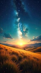 Wall Mural - Vast, ethereal fields stretching towards a breathtaking celestial expanse; star-dusted skies meet endless golden plains under a luminous moon , dreamscape, otherworldly