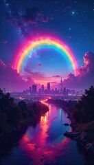 Wall Mural - Vibrant, surreal night sky ablaze with a spectrum of colors, mimicking a rainbow arc across the cityscape A magical, ethereal scene of nocturnal beauty , heavenly, cityscape, streetlights
