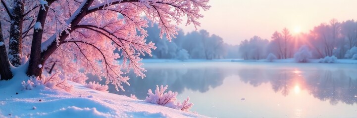Wall Mural - A frosty winter scene with a delicate blush of pink light reflecting on snow-covered branches and a frozen lake Perfect for winter holiday, nature, and serenity themes , picturesque, landscape