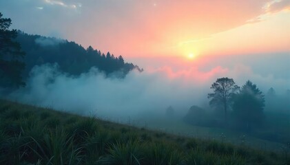 Wall Mural - Mysterious and ethereal fog rolling over a tranquil landscape at dawn, creating a mystical and serene atmosphere Perfect for fantasy, mystery, or nature themes , horizon, background, tranquil