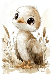 Wall Mural - A cute, fluffy chick standing in tall grass with a charming expression, surrounded by a soft, natural background.