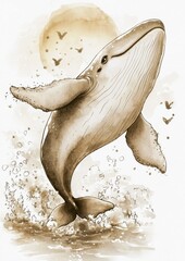 Wall Mural - A whimsical illustration of a whale breaching the surface, surrounded by a serene, sepia-toned landscape with birds flying in the background.