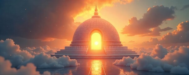 Wall Mural - Serene, ethereal dome structure bathed in soft, golden light; symbolic of spiritual awakening and inner peace Perfect for meditation, yoga, and mindfulness themes , cosmic, cosmos, ethereal