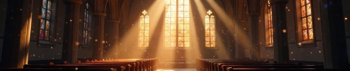 Wall Mural - Sunbeams Illuminate Dust Motes in a Sacred Stained-Glass Space, Evoking Peace and Spiritual Tranquility