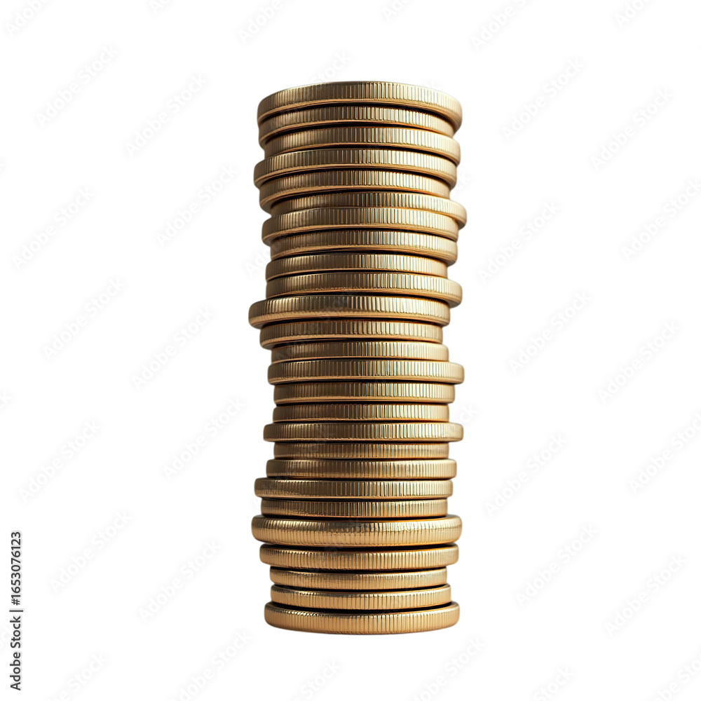 A tall stack of shiny gold coins isolated on a white background ...
