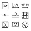 © Sergey - RAW Editing Icons. Line style icons of RAW photo editing: RAW icon, histogram chart, white balance, clarity slider, noise