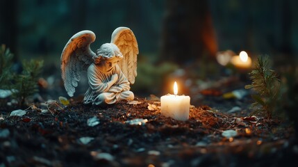 Wall Mural - Serene angel statue illuminated by candlelight in a forest