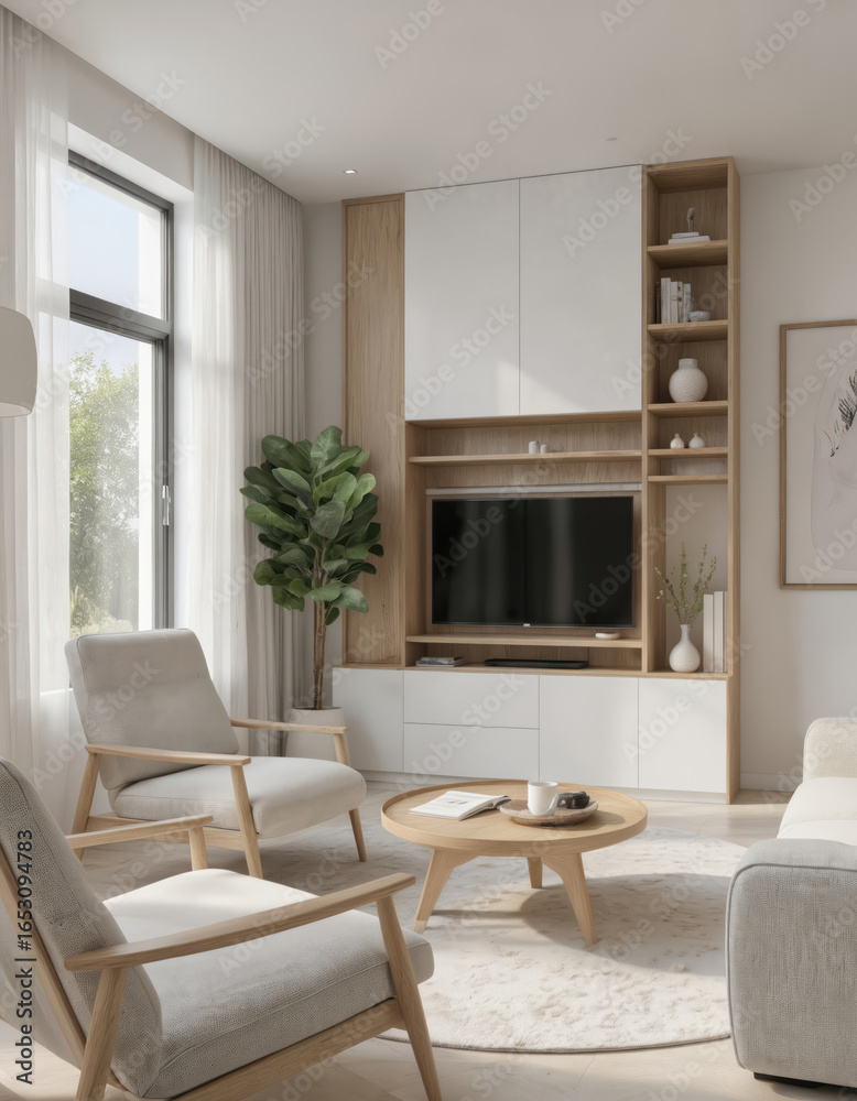 Modern minimalist living room features white and wood TV unit with ...