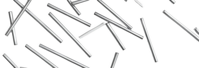 Scattered silver metallic rods and cylinders, abstract pattern isolated on transparent background