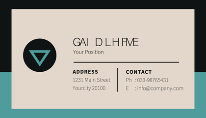 Minimalist business card: beige background, black/teal accents, left logo, centered text with name, position, address, contact; clean lines, professional, modern, flat design.
