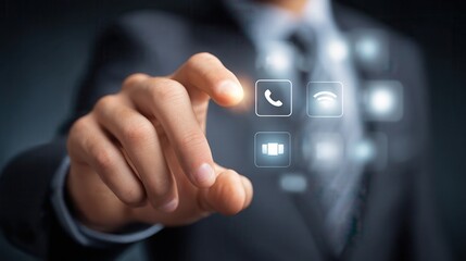 Businessman hand phone with virtual buttons.