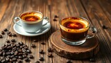 Elegant creme brulee & espresso pairing on rustic wood; coffee beans scattered,  gourmet,  creamy