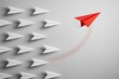 © Creative mind - A red paper airplane leading a group of white paper airplanes.
