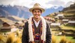 © meka - Charming peruvian man in traditional andean attire amidst scenic mountain village landscape