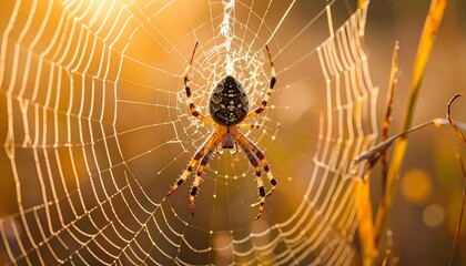 Orb Weaver Spider Suspended in Dew-Kissed Web at Dawn, Nature's Golden Trap