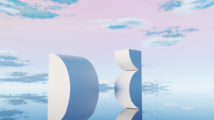 Wall Mural - 3d render abstract geometric half circle structures with reflection in pastel sky