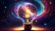 © Cory - illuminated cosmos a glowing orb of celestial energy within an antique light bulb against a dreamlike swirling galaxy background