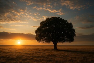 Wall Mural - a lone tree stands silent in a sunset-kissed field