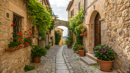  Alleyway in a rustic European village, lined with stone buildings.