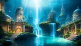 illuminated underwater city with cascading waterfalls and architectural marvels