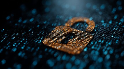 A golden padlock with binary code on a dark background, symbolizing security and technology.