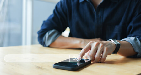 Sticker - close up young asian man hold smartphone and using url to search about seo (search engine optimisati