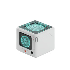 A futuristic, white cube-shaped device displays glowing, teal holographic patterns on its surface.