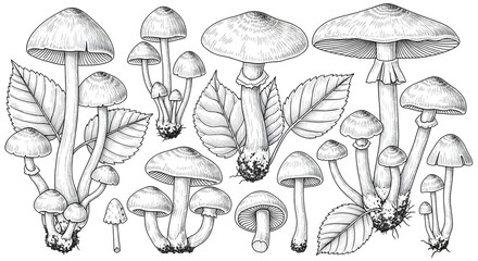 Mushrooms vector set. Hand drawn vector illustration of fungus in black and white colors. Drawing of boletus and fly agaric in line art style. Sketch of forest porcini and champignons group.