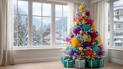 Wall Mural - a colorful christmas tree with many ornaments sits in front of a window. the room is decorated with 