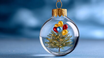 Wall Mural - a christmas ornament with a tree inside a clear glass ball. the tree is surrounded by balloons in re