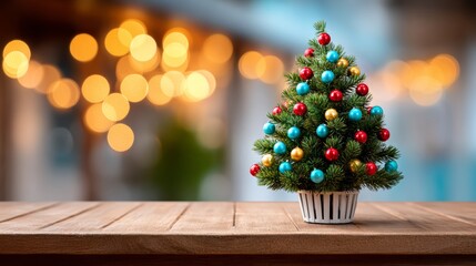 Wall Mural - a tiny christmas tree with colorful ornaments is placed on a wooden table. the tree is surrounded by