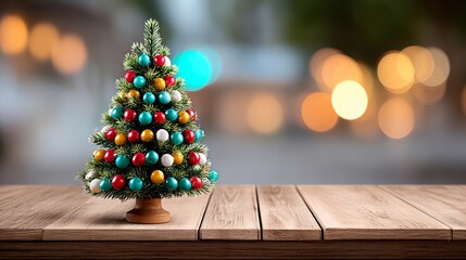 Wall Mural - a small christmas tree with colorful balls on it sits on a wooden table. the tree is surrounded by a