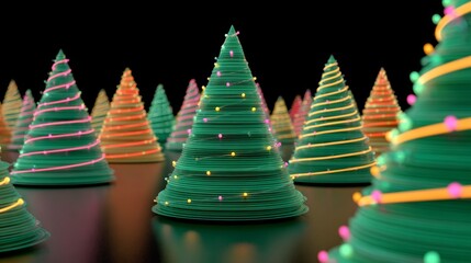 Wall Mural - a row of christmas trees with lights on them. the trees are all different colors and sizes. scene is
