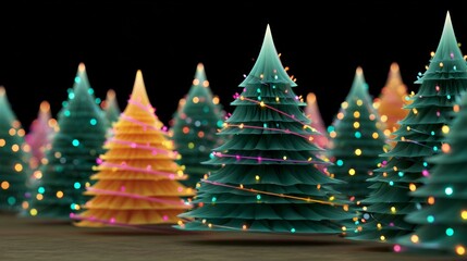 Wall Mural - a row of christmas trees with lights on them. the trees are of different colors and sizes. scene is 