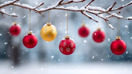 Wall Mural - a branch covered in snow with a bunch of red and gold christmas ornaments hanging from it
